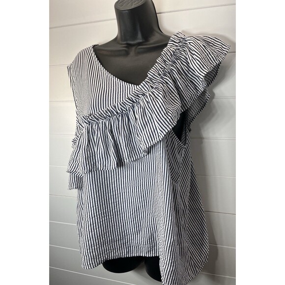 Symphony Asymmetrical Striped Ruffle Nautical Preppy Coastal Resort Womens Large - Picture 2 of 11